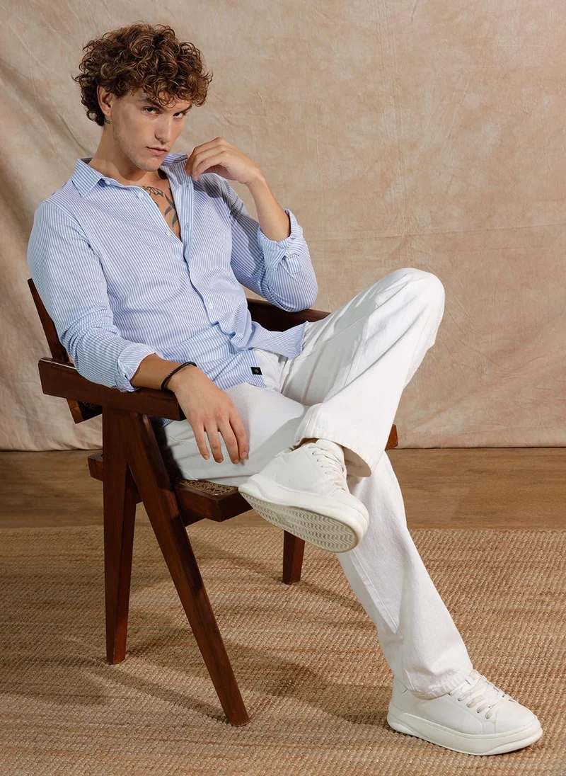 روجن Solid Stretch Slim Fit Shirt | Blue